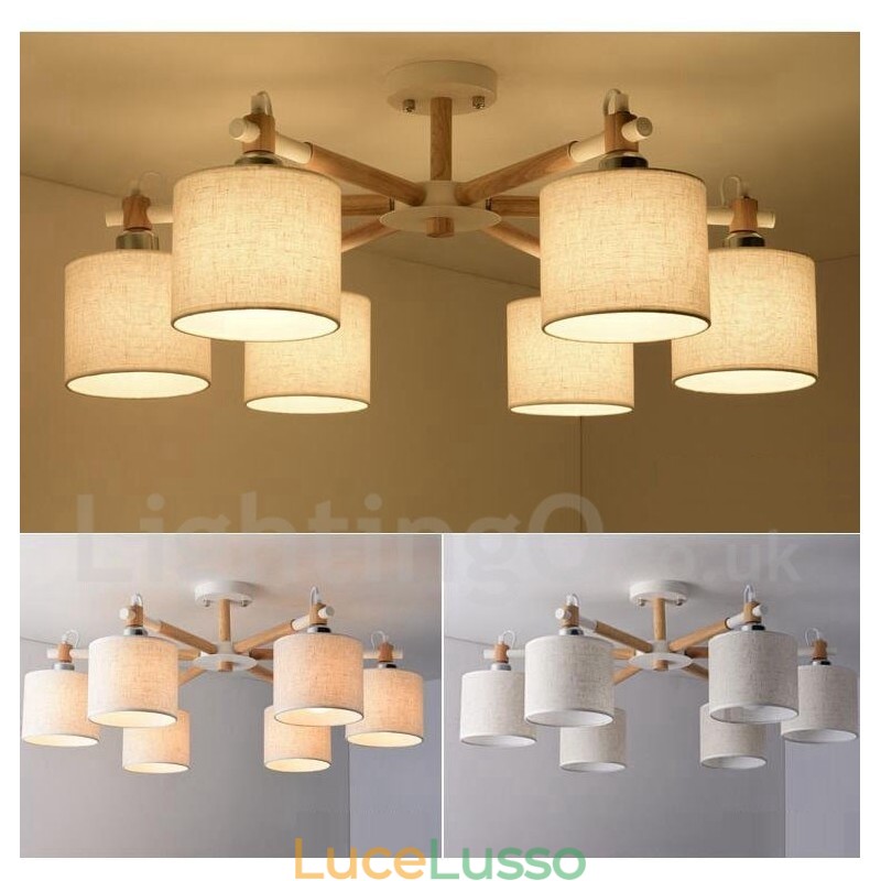 Lampadario moderno contemporaneo a 6 luci a un livello in legno con tessuto a tamburo (nero bianco)