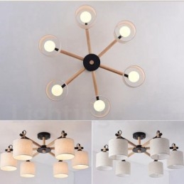 Lampadario moderno contemporaneo a 6 luci a un livello in legno con tessuto a tamburo (nero bianco)