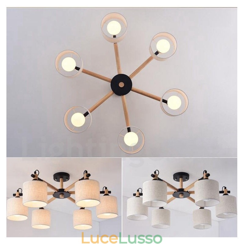 Lampadario moderno contemporaneo a 6 luci a un livello in legno con tessuto a tamburo (nero bianco)