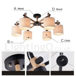 Lampadario moderno contemporaneo a 6 luci a un livello in legno con tessuto a tamburo (nero bianco)