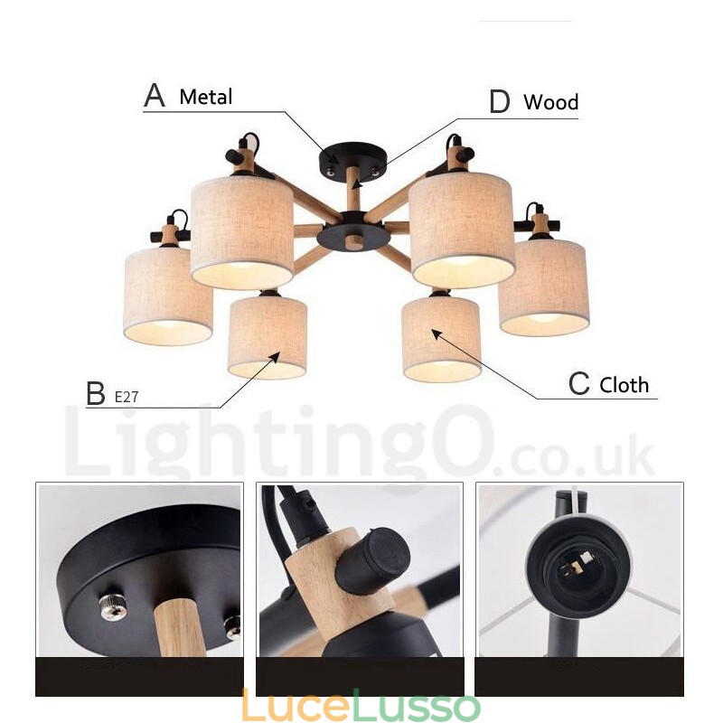 Lampadario moderno contemporaneo a 6 luci a un livello in legno con tessuto a tamburo (nero bianco)