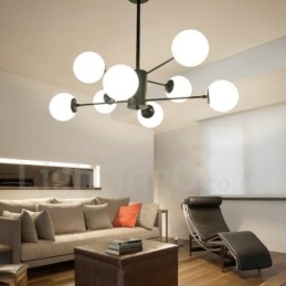Lampadario in metallo moderno contemporaneo a 2 livelli con 8 luci nero e paralume in vetro