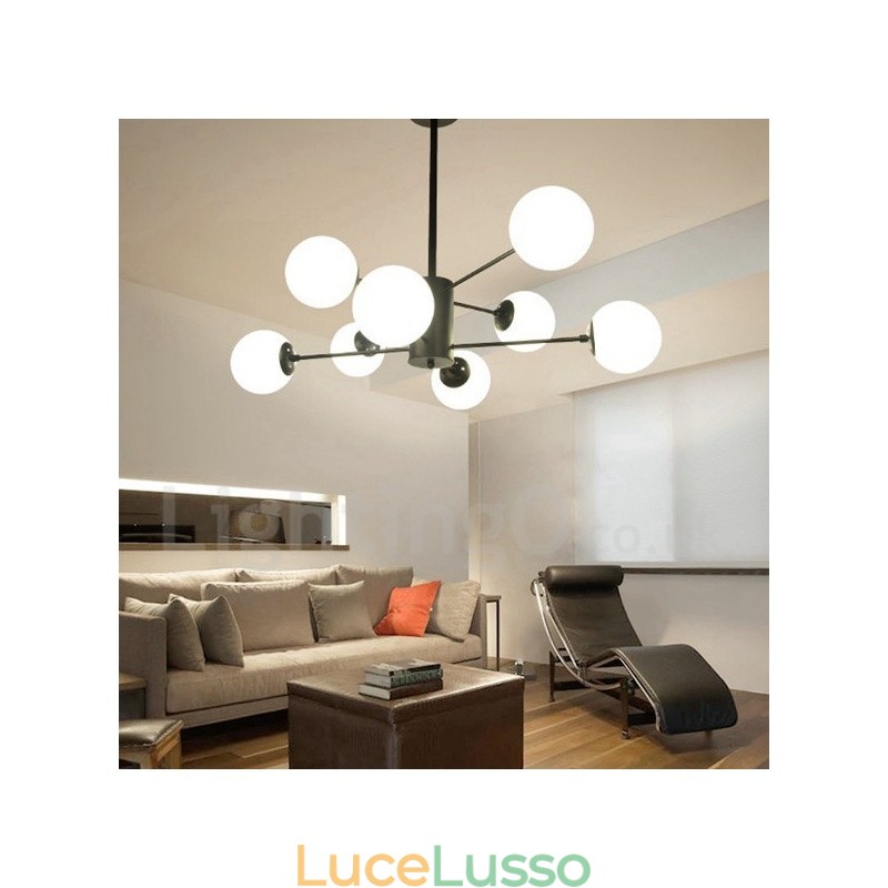 Lampadario in metallo moderno contemporaneo a 2 livelli con 8 luci nero e paralume in vetro