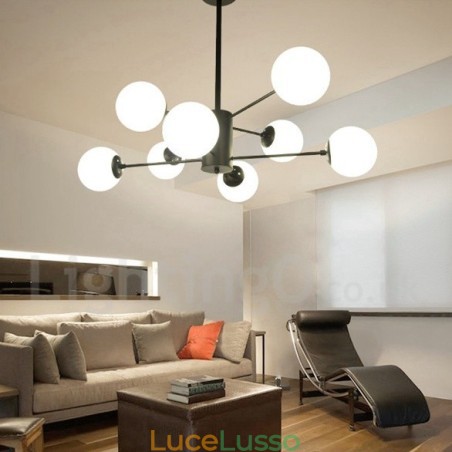 Lampadario in metallo moderno contemporaneo a 2 livelli con 8 luci nero e paralume in vetro Lampadario in metallo moderno contemporaneo a 2 livelli con 8 luci nero e paralume in vetro