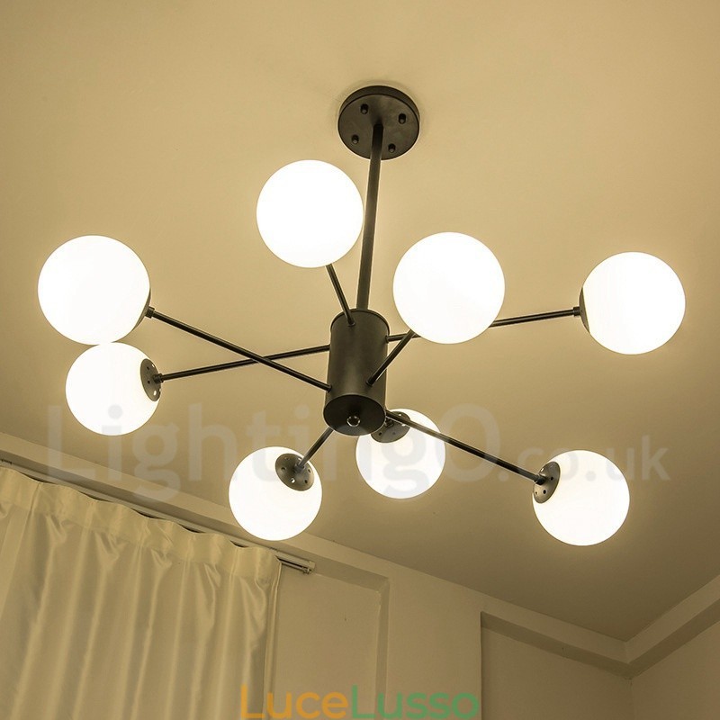 Lampadario in metallo moderno contemporaneo a 2 livelli con 8 luci nero e paralume in vetro