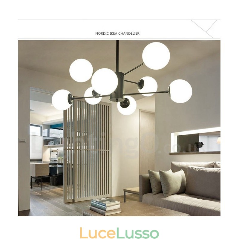 Lampadario in metallo moderno contemporaneo a 2 livelli con 8 luci nero e paralume in vetro