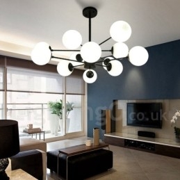 Lampadario in metallo nero a 12 luci e 2 livelli con paralume in vetro, stile moderno e contemporaneo