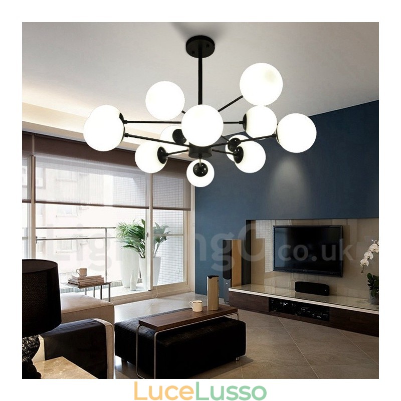 Lampadario in metallo nero a 12 luci e 2 livelli con paralume in vetro, stile moderno e contemporaneo