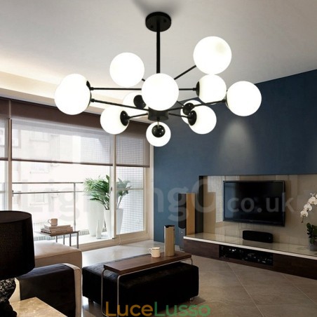 Lampadario in metallo nero a 12 luci e 2 livelli con paralume in vetro, stile moderno e contemporaneo Lampadario in metallo nero a 12 luci e 2 livelli con paralume in vetro, stile moderno e contemporaneo