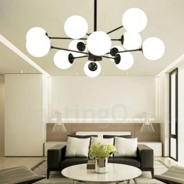 Lampadario in metallo nero a 12 luci e 2 livelli con paralume in vetro, stile moderno e contemporaneo