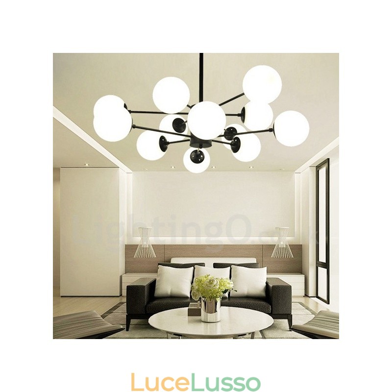 Lampadario in metallo nero a 12 luci e 2 livelli con paralume in vetro, stile moderno e contemporaneo