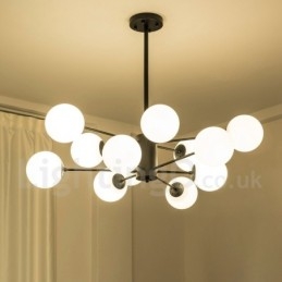 Lampadario in metallo nero a 12 luci e 2 livelli con paralume in vetro, stile moderno e contemporaneo