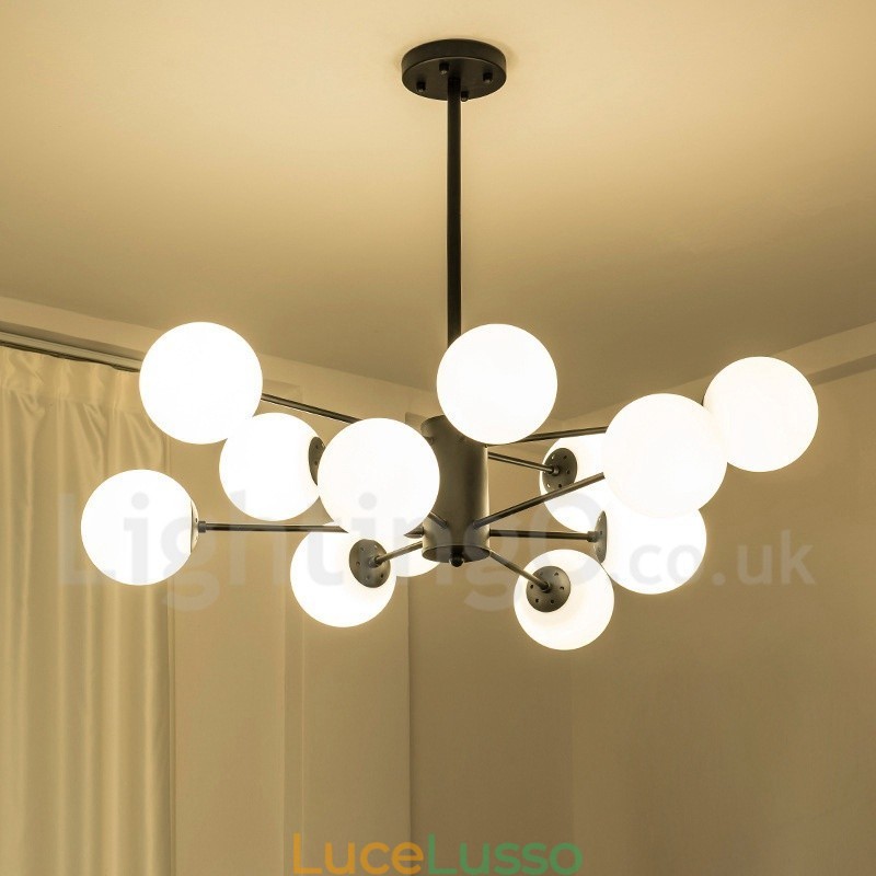 Lampadario in metallo nero a 12 luci e 2 livelli con paralume in vetro, stile moderno e contemporaneo