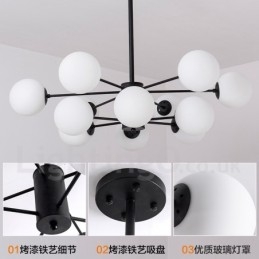 Lampadario in metallo nero a 12 luci e 2 livelli con paralume in vetro, stile moderno e contemporaneo