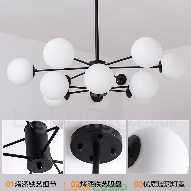 Lampadario in metallo nero a 12 luci e 2 livelli con paralume in vetro, stile moderno e contemporaneo