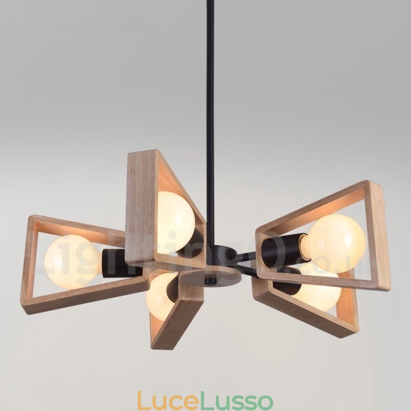 Lampadario a 5 luci a un piano in legno, stile moderno e contemporaneo