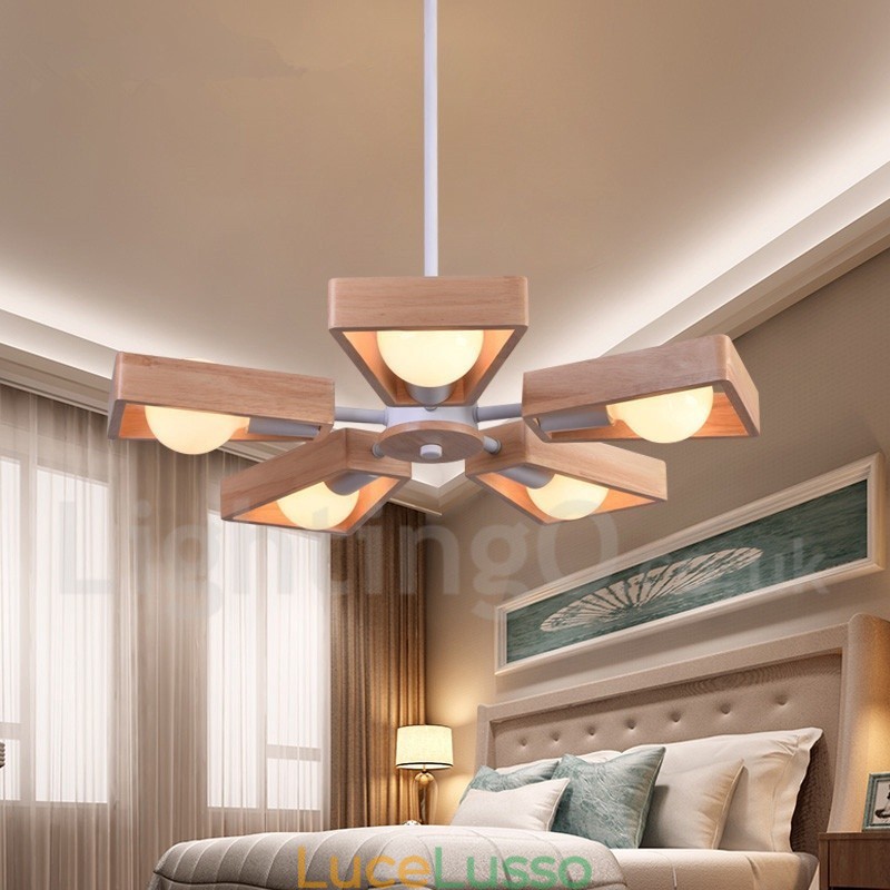 Lampadario a 5 luci a un piano in legno, stile moderno e contemporaneo