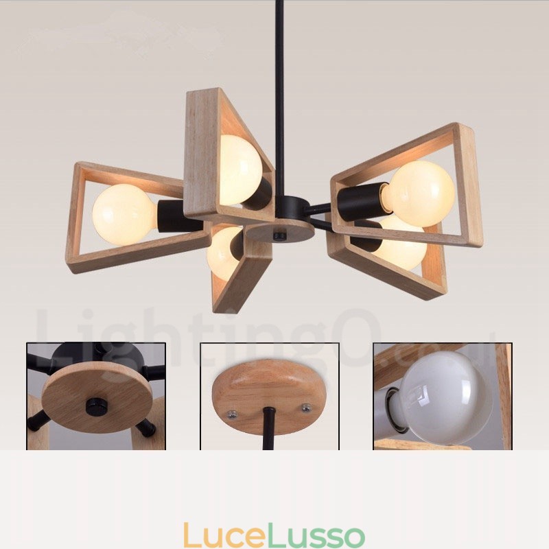 Lampadario a 5 luci a un piano in legno, stile moderno e contemporaneo