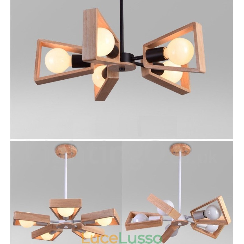 Lampadario a 5 luci a un piano in legno, stile moderno e contemporaneo