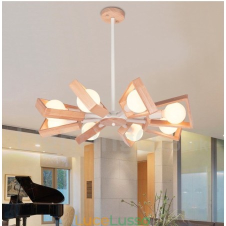 Lampadario a 8 luci a un piano in legno, stile moderno e contemporaneo Lampadario a 8 luci a un piano in legno, stile moderno e contemporaneo