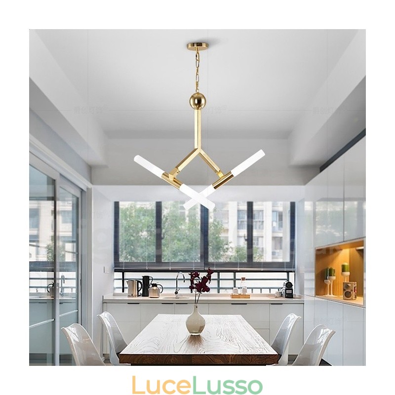 Lampadario moderno contemporaneo a 2 livelli e 4 luci dorato