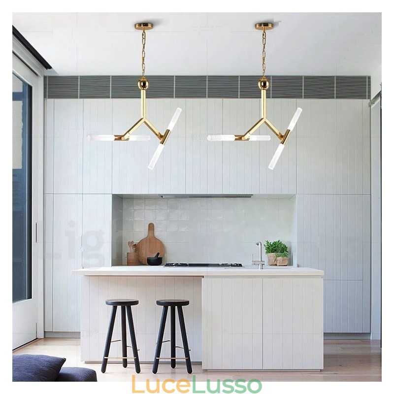 Lampadario moderno contemporaneo a 2 livelli e 4 luci dorato
