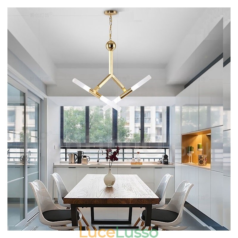 Lampadario moderno contemporaneo a 2 livelli e 4 luci dorato