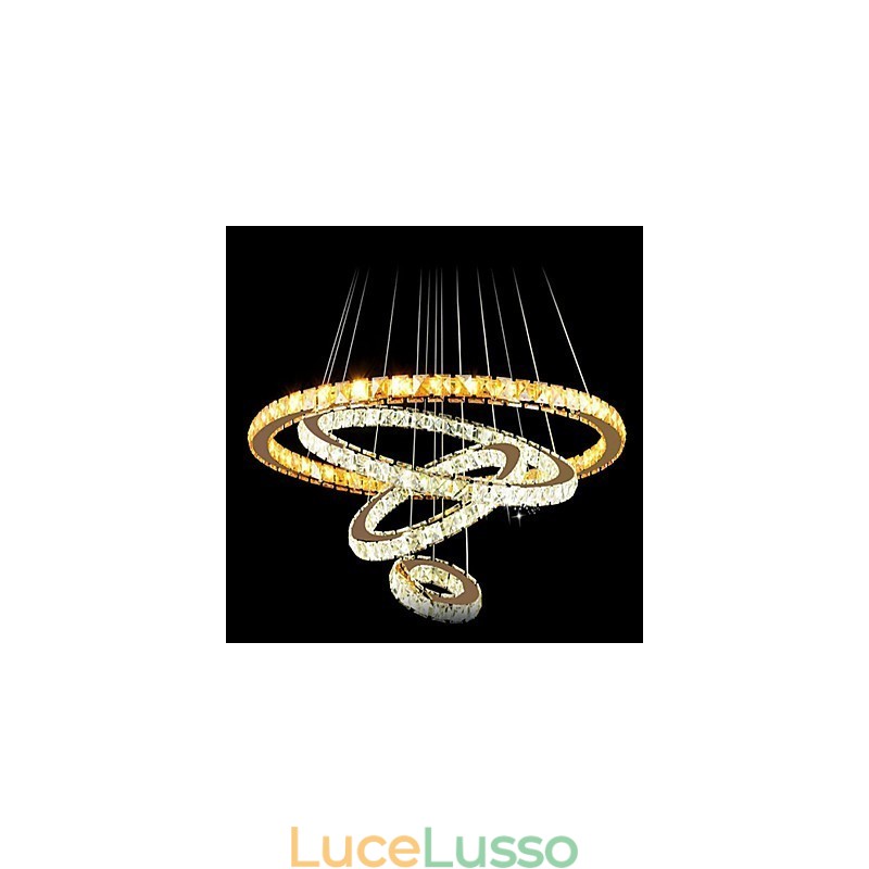 Lampadario moderno a sospensione in cristallo con 4 anelli, grande anello in cristallo ambra e altro cristallo trasparente