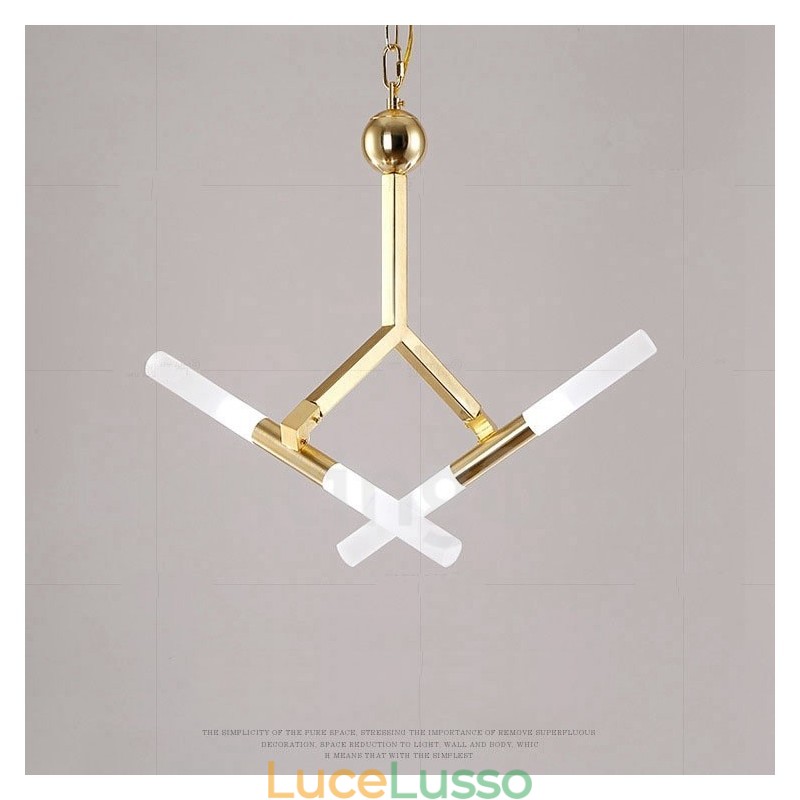 Lampadario moderno contemporaneo a 2 livelli e 4 luci dorato