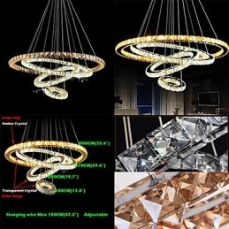 Lampadario moderno a sospensione in cristallo con 4 anelli, grande anello in cristallo ambra e altro cristallo trasparente