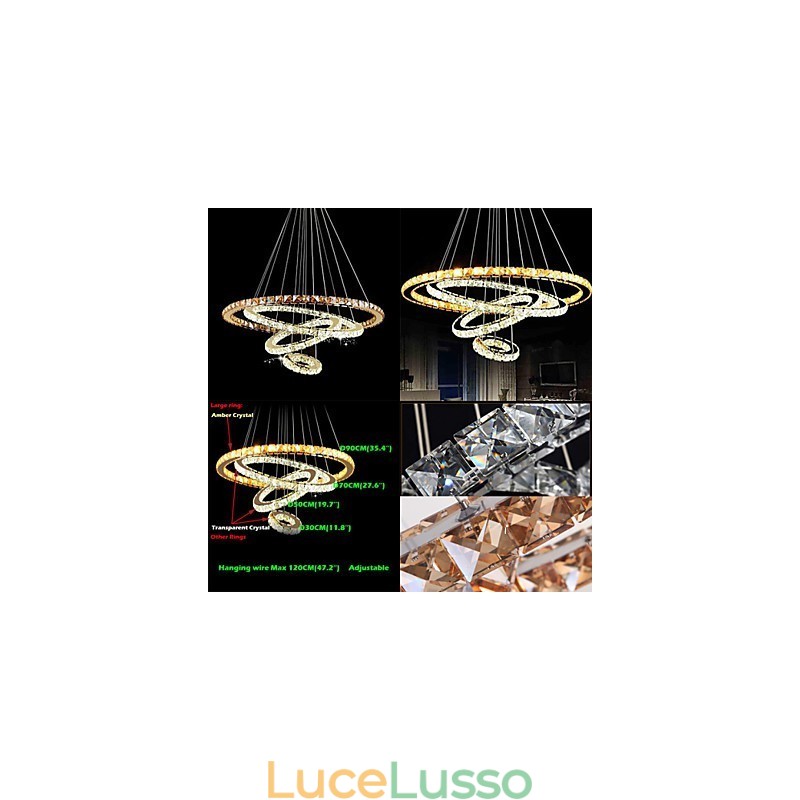 Lampadario moderno a sospensione in cristallo con 4 anelli, grande anello in cristallo ambra e altro cristallo trasparente