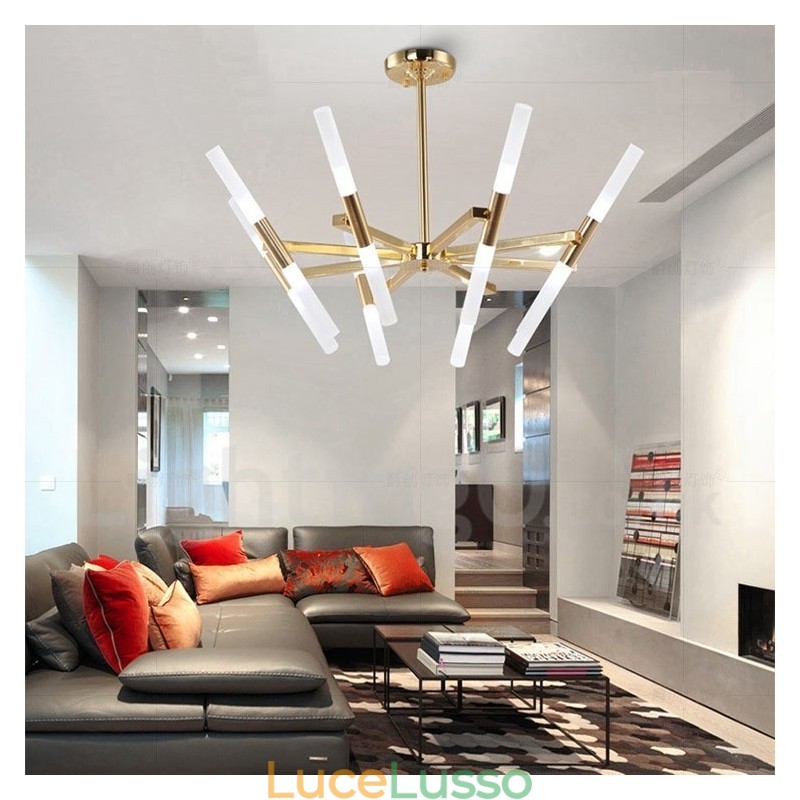 Lampadario moderno contemporaneo a 2 livelli e 16 luci dorato