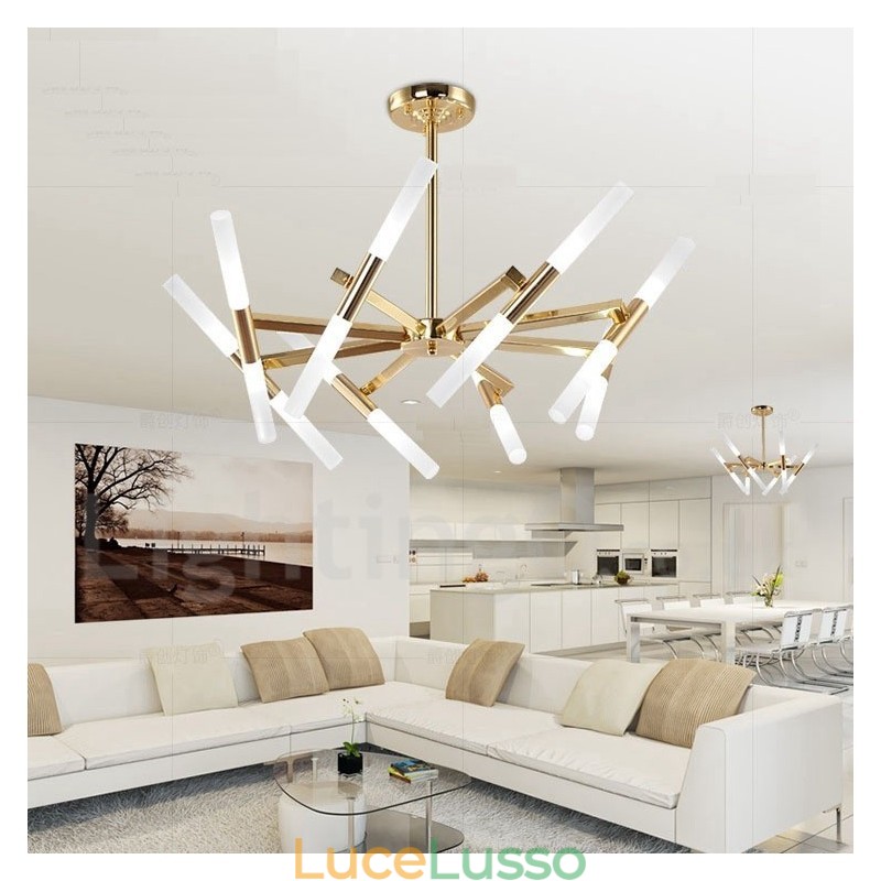 Lampadario moderno contemporaneo a 2 livelli e 16 luci dorato