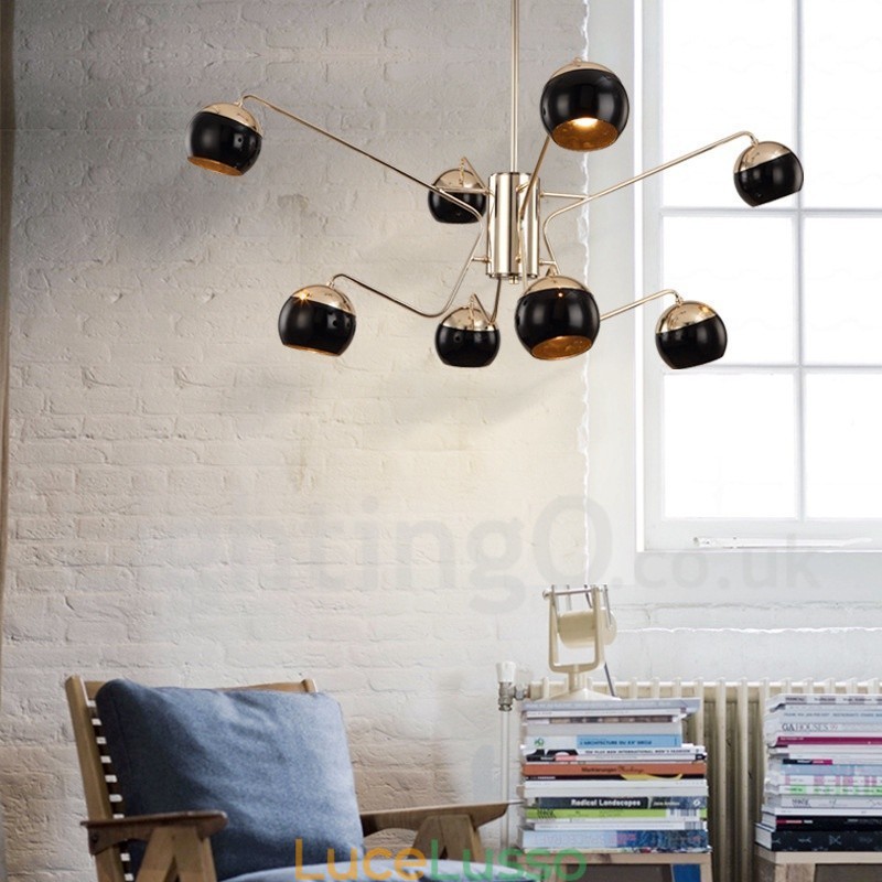 Lampadario moderno contemporaneo in metallo a 8 luci e 2 livelli con paralume in vetro