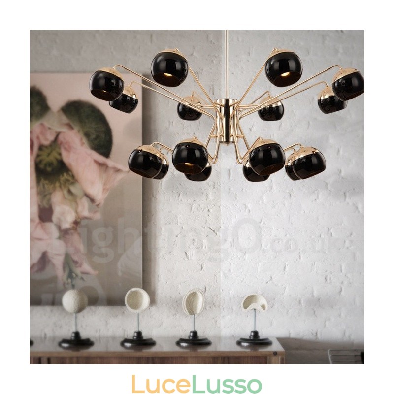 Lampadario moderno contemporaneo in metallo a 16 luci e 2 livelli con paralume in vetro