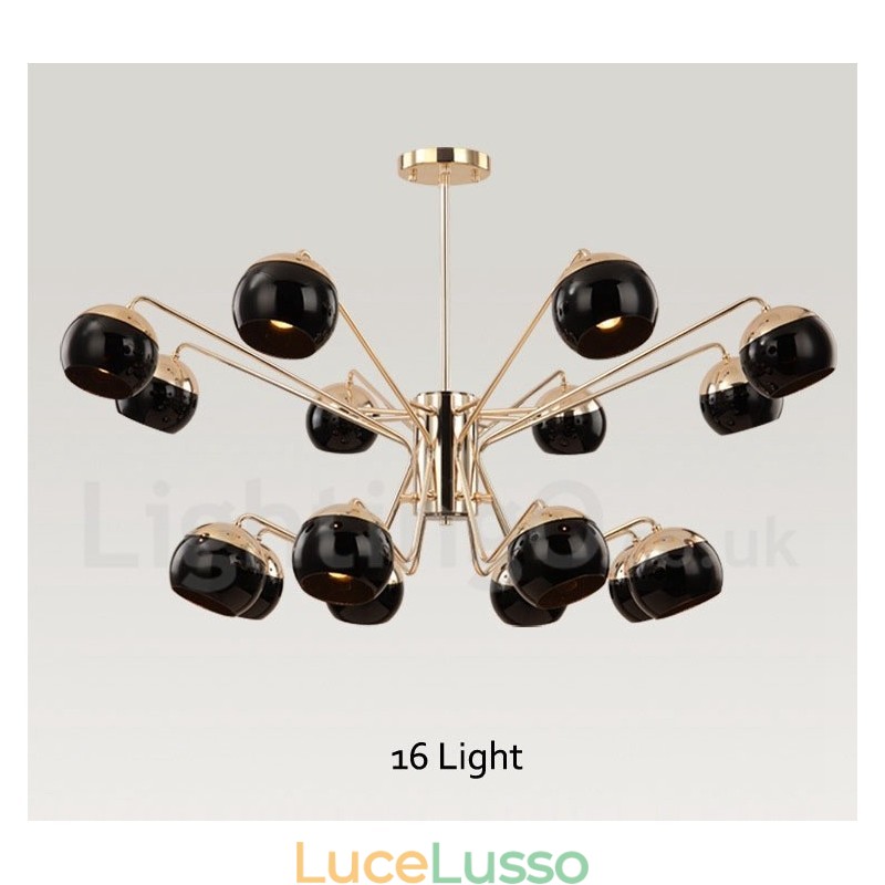 Lampadario moderno contemporaneo in metallo a 16 luci e 2 livelli con paralume in vetro