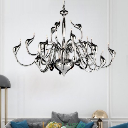Lampadario moderno a forma di cigno a 24 luci, lampadina cromata G4 inclusa Lampadario moderno a forma di cigno a 24 luci, lampadina cromata G4 inclusa