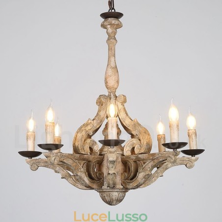 Lampadario retrò in legno vintage a 8 luci Lampadario retrò in legno vintage a 8 luci
