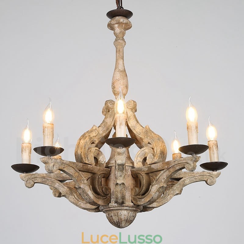 Lampadario retrò in legno vintage a 8 luci