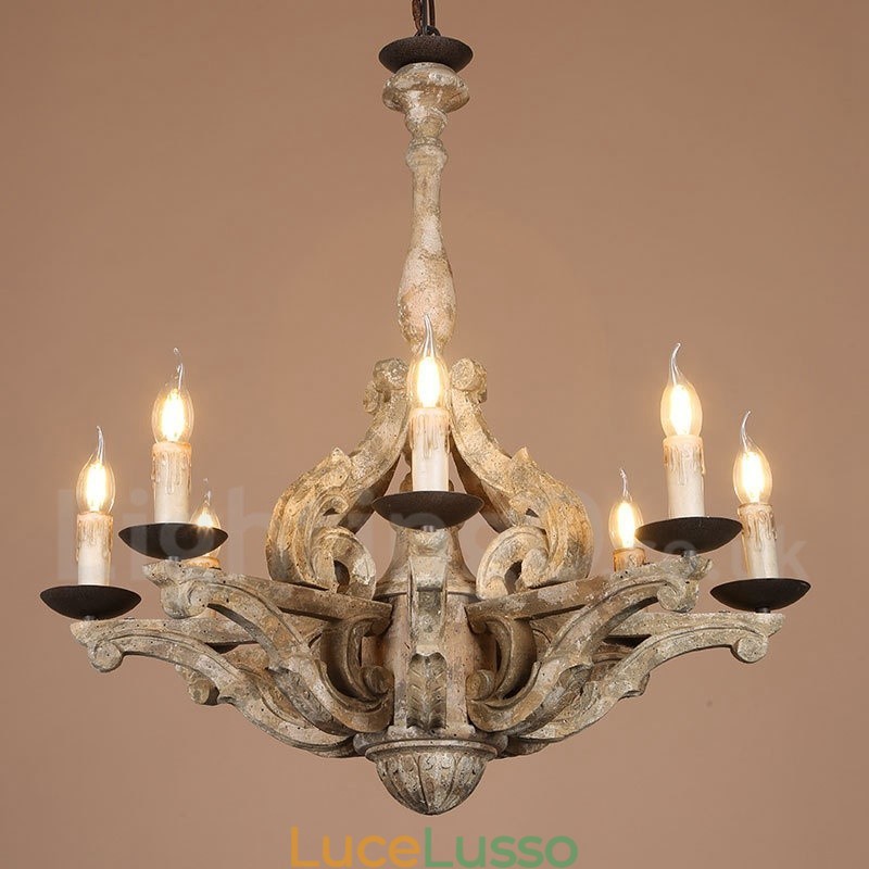 Lampadario retrò in legno vintage a 8 luci