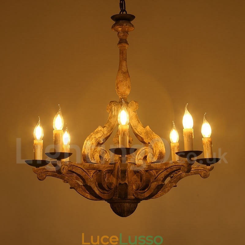 Lampadario retrò in legno vintage a 8 luci