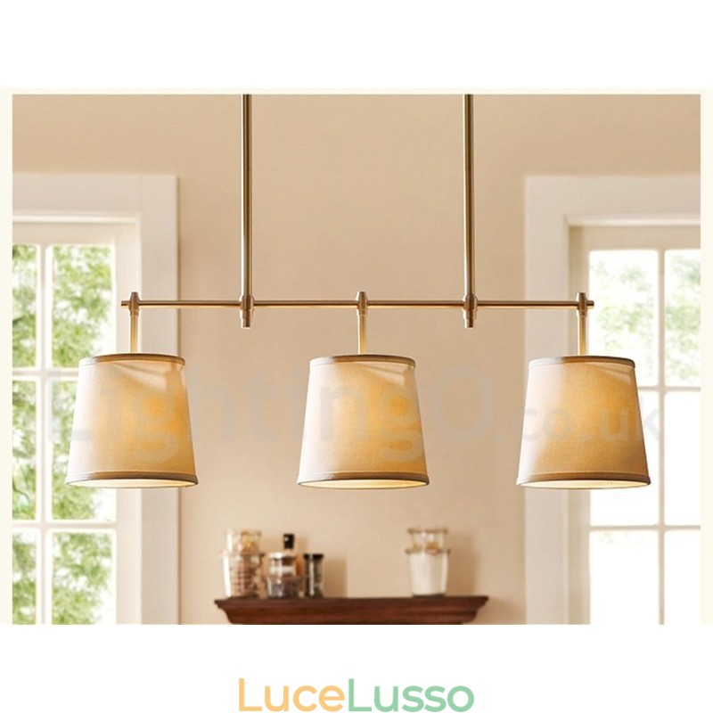 Lampadario retrò country a 3 luci in rame con paralume in tessuto