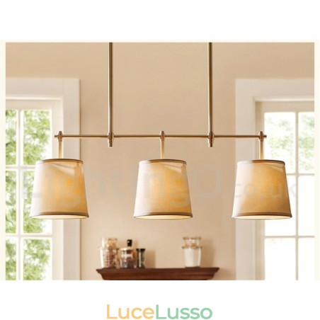 Lampadario retrò country a 3 luci in rame con paralume in tessuto Lampadario retrò country a 3 luci in rame con paralume in tessuto