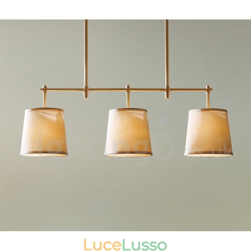 Lampadario retrò country a 3 luci in rame con paralume in tessuto