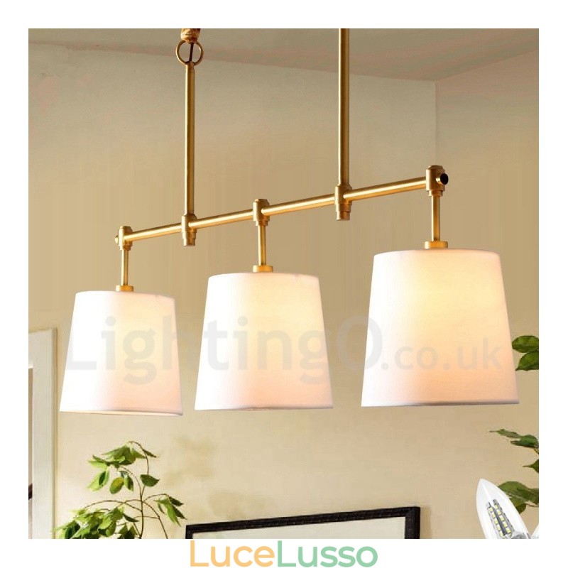 Lampadario retrò country a 3 luci in rame con paralume in tessuto