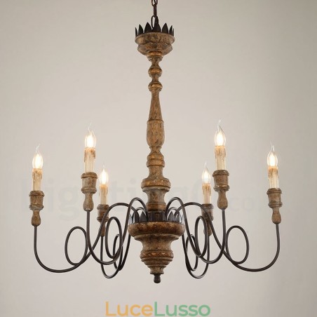Lampadario vintage in legno a 6 luci Lampadario vintage in legno a 6 luci