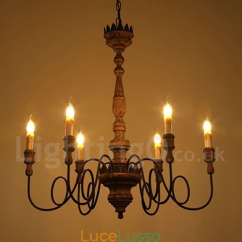 Lampadario vintage in legno a 6 luci