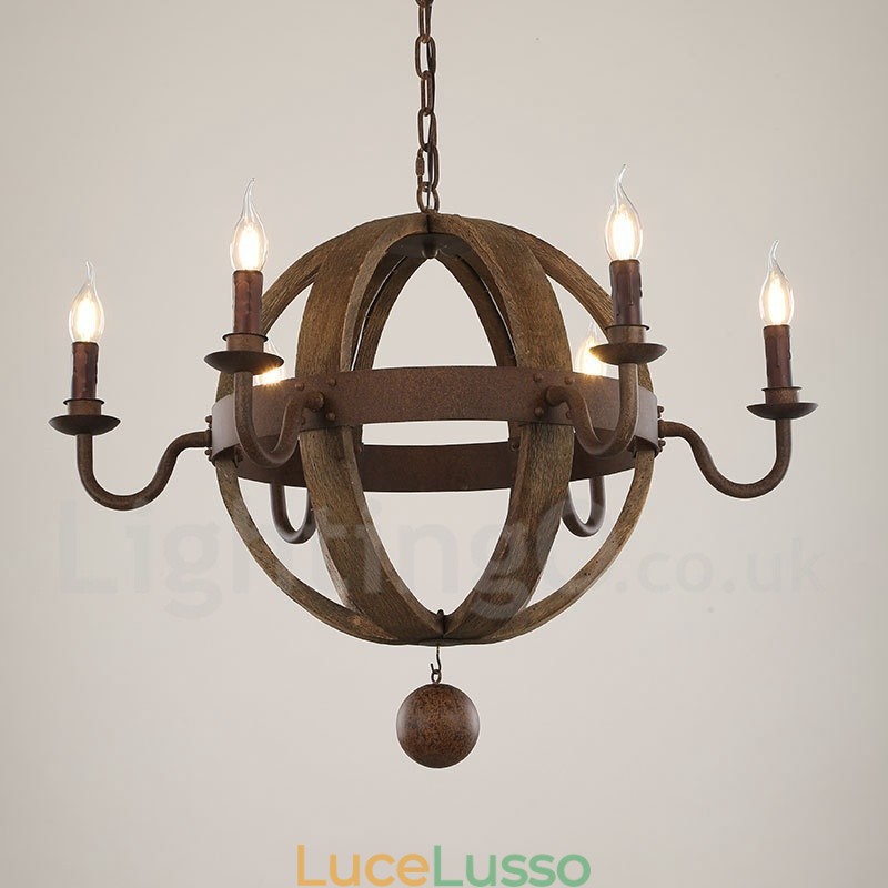 Lampadario vintage in legno a 6 luci in stile country
