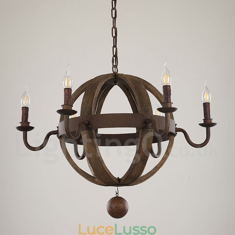 Lampadario vintage in legno a 6 luci in stile country