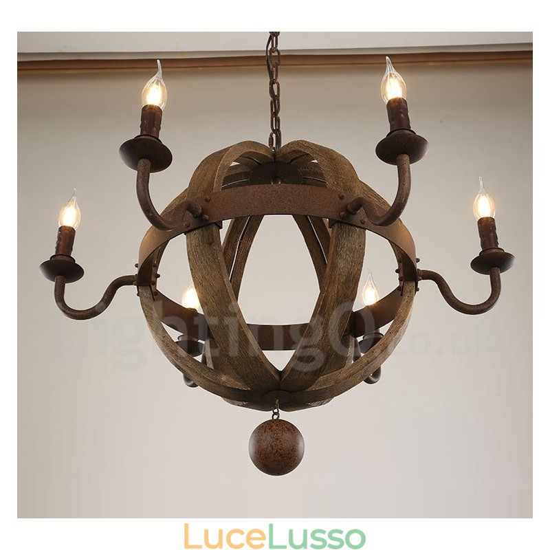 Lampadario vintage in legno a 6 luci in stile country